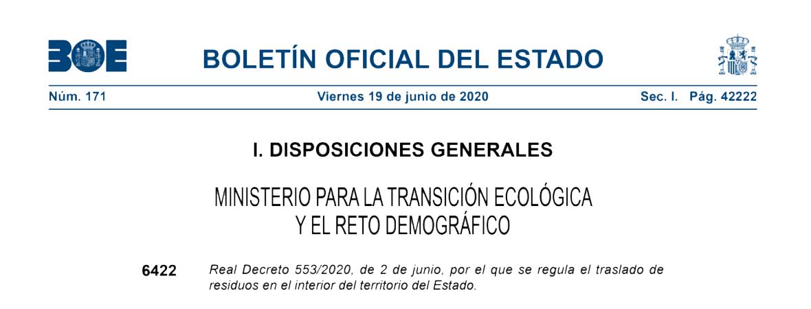 Nuevo Real Decreto 553/2020 que regula el traslado de residuos