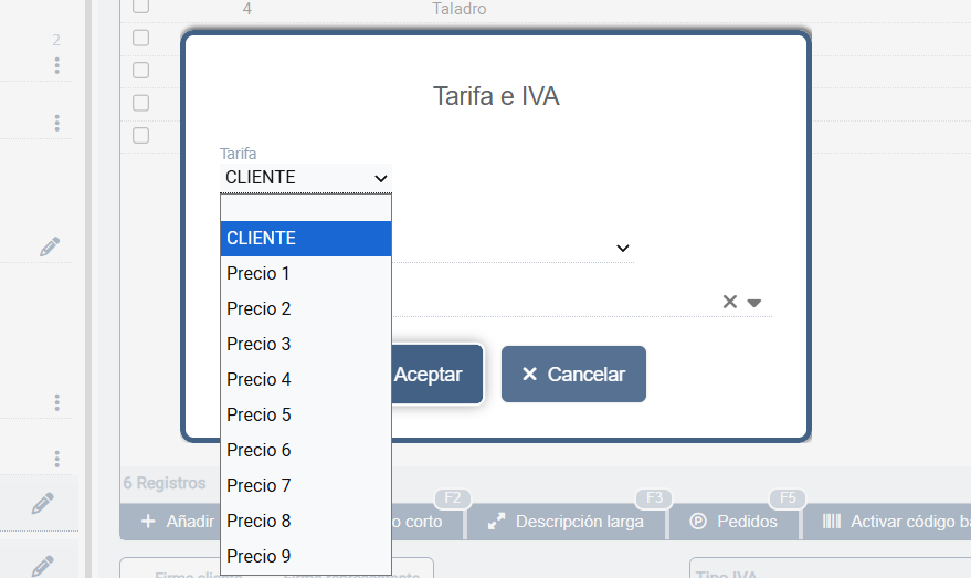 Pantalla de albaranes, Modificar Tarifa e IVA, hacer click en las tarifas