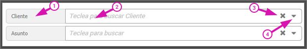 Dos campos de búsqueda online de Nubelus, Cliente y Asunto, mostrando la etiqueta de campo, el área 
                        de escritura con el texto de ejemplo, y los iconos para limpiar el campo y mostrar todos los registros