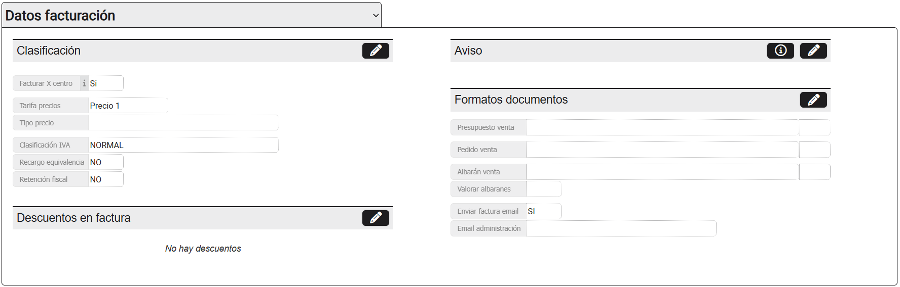 Pantalla de clientes, solapa Datos facturación, sección Clasificación