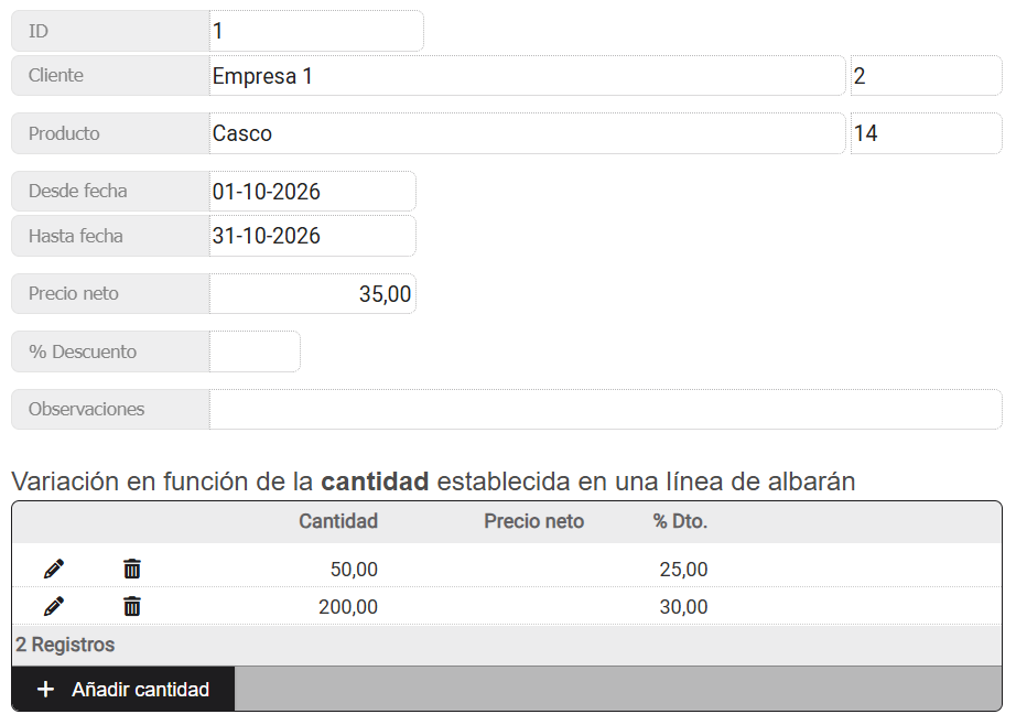 Pantalla de Precios específicos para clientes