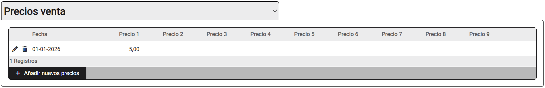Pantalla de productos, solapa Precios Venta