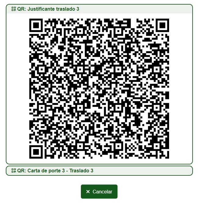 Ventana donde se visualizan los códigos QR del DeCA en Nubelus